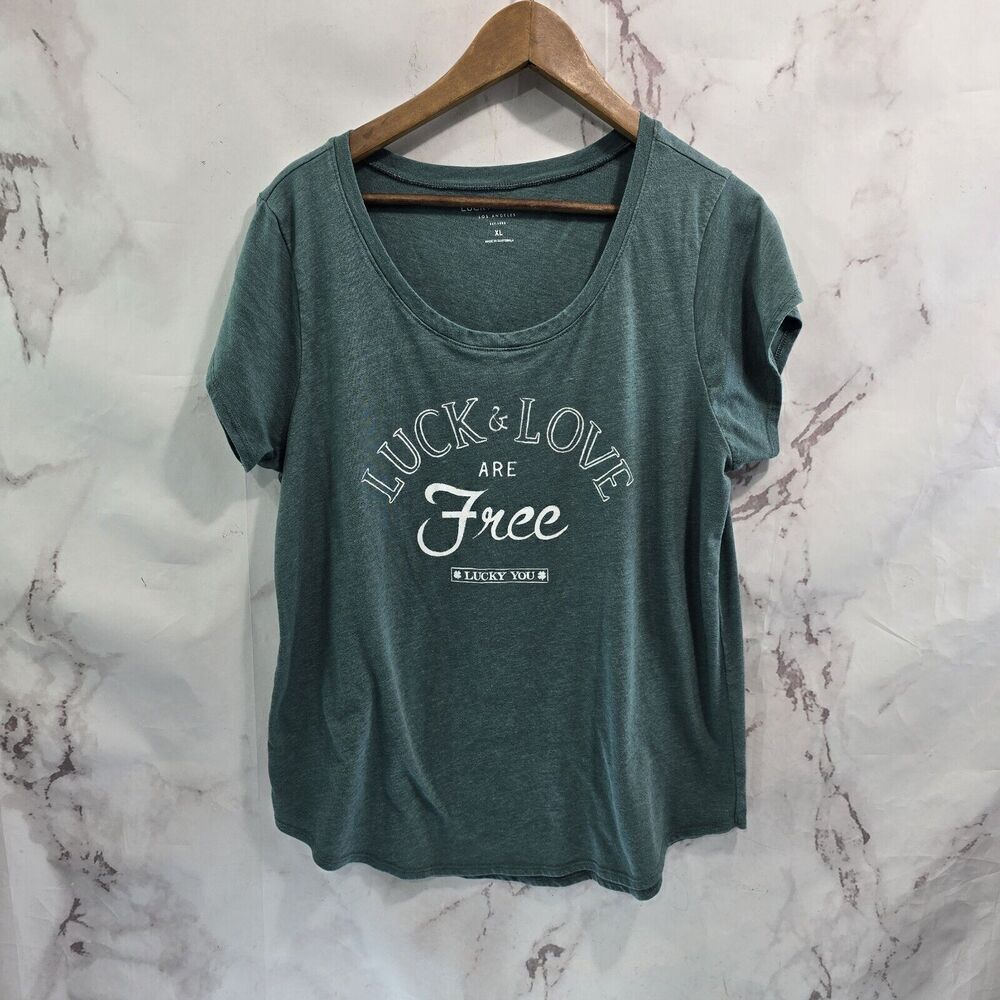 Lucky Brand T Shirt Women XL Green Luck And Love Are Free Scoop Short Sleeve